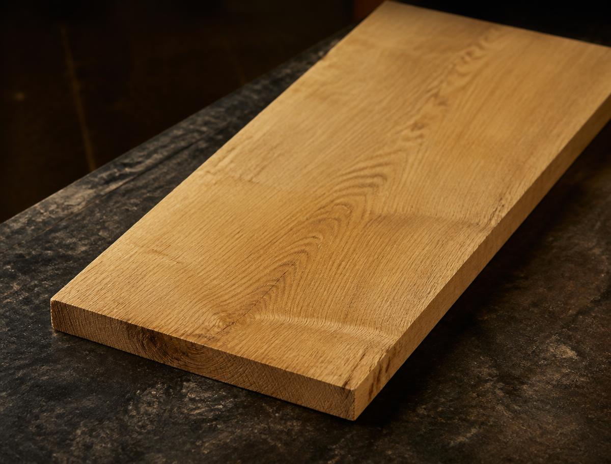 Planche de chêne massif français sur l'établi de l'atelier de Roubaix
