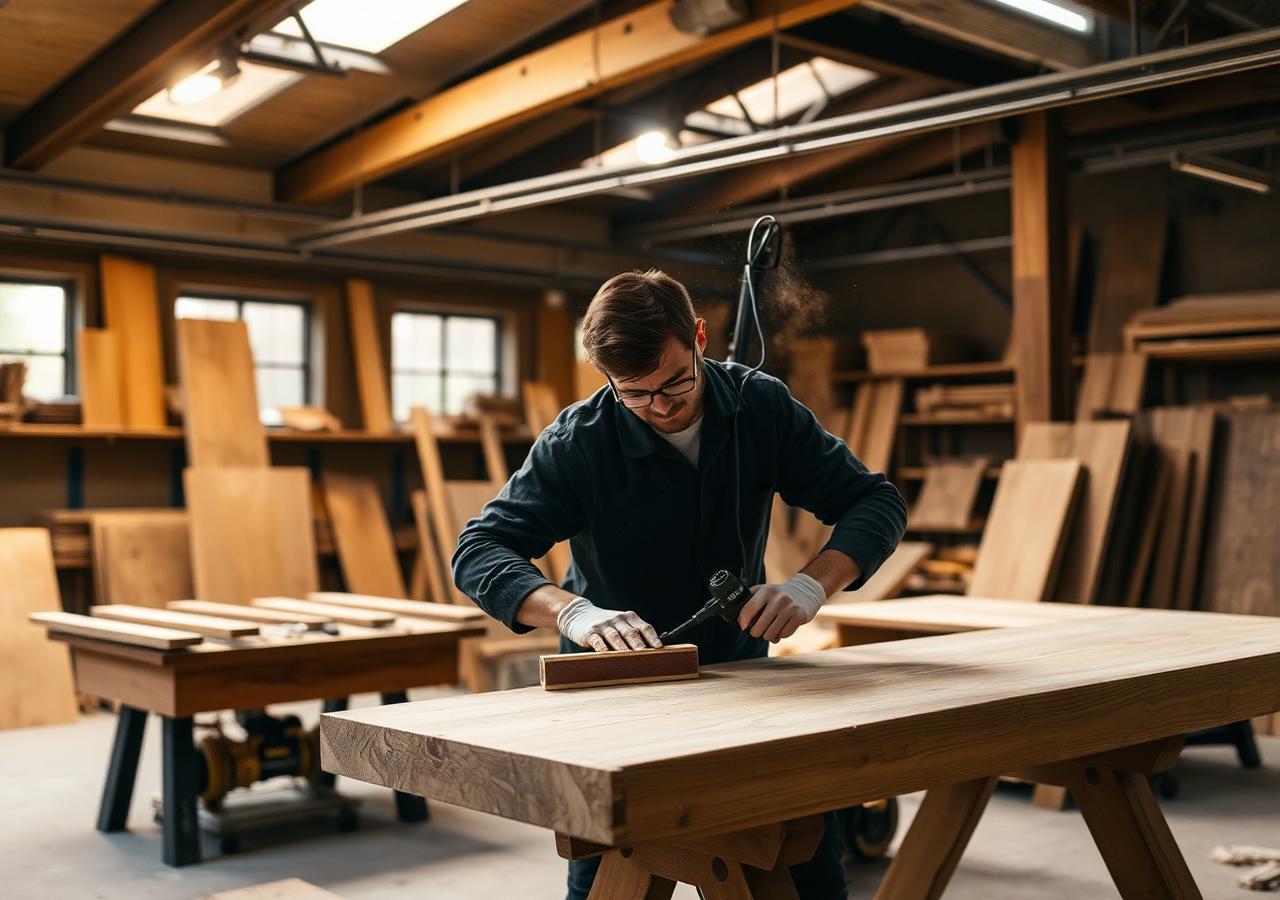 Participant ponçant une grande pièce de bois massif dans l'atelier
