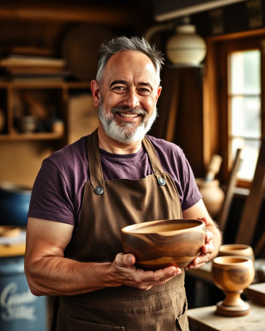 Portrait souriant de Franck Delbarre tenant une pièce de bois tourné