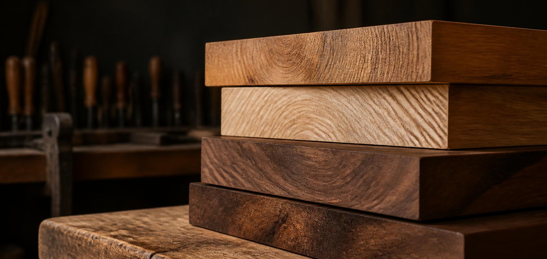 Planches de bois massif chêne, frêne et noyer empilées dans l'atelier