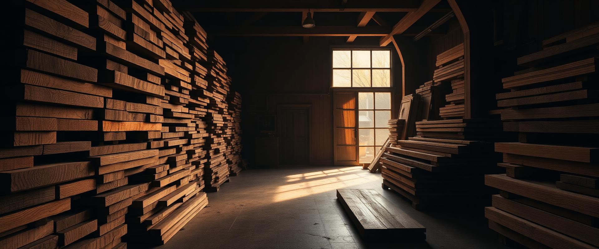 Planches de chêne et noyer empilées dans l'atelier, lumière rasante