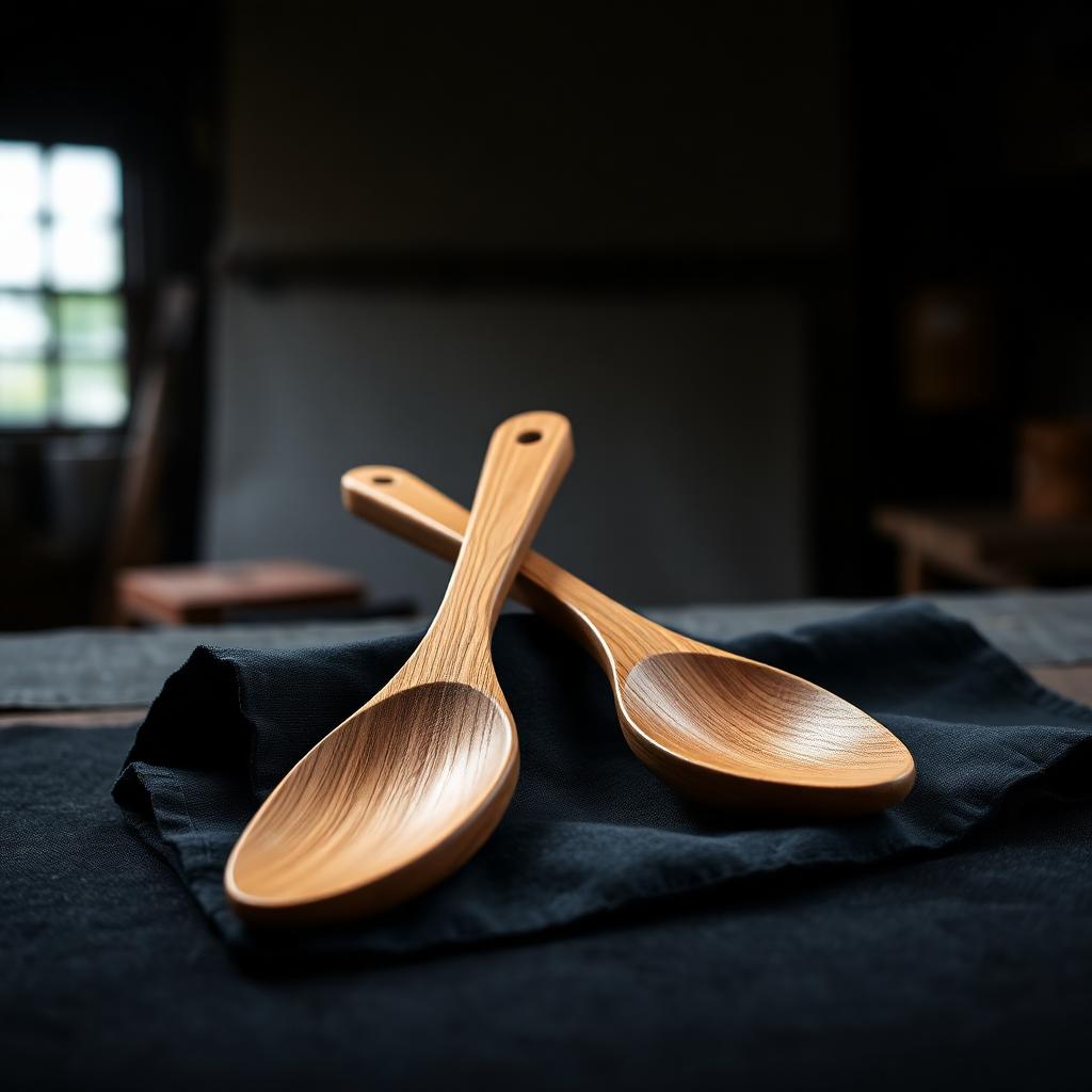 Paire de couverts à salade sculptés en chêne massif