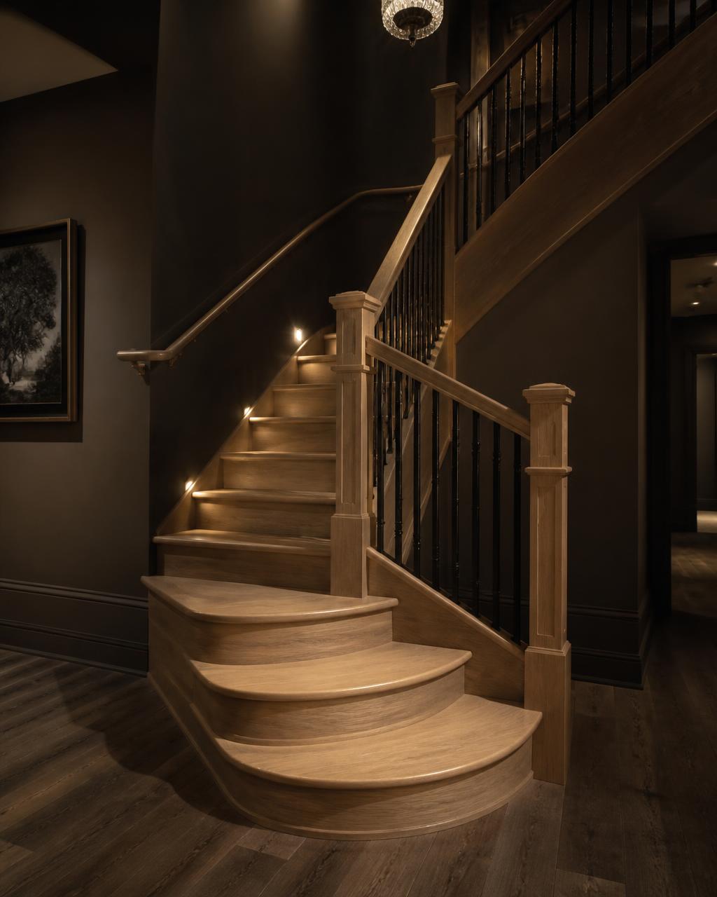 Escalier sur mesure en chêne avec rampe façonnée à la main