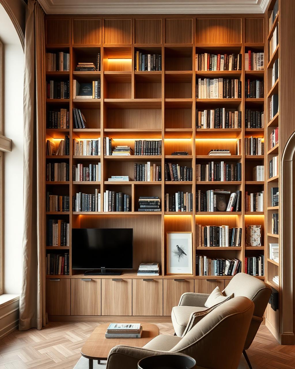 Bibliothèque sur-mesure terminée en frêne massif dans un intérieur lillois, lumière du jour