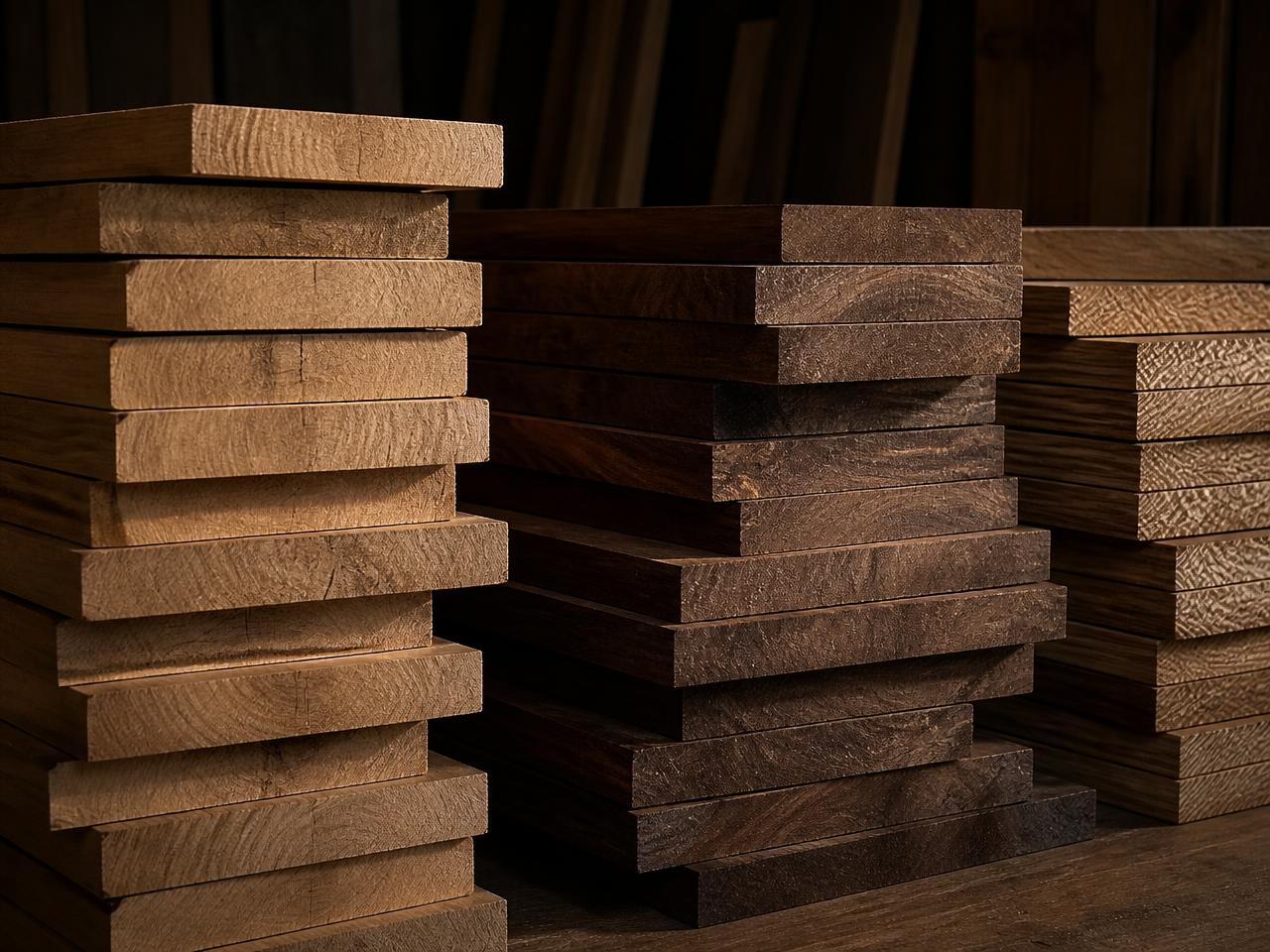 Empilement de planches débitées à l'atelier, chants nets et veinage apparent